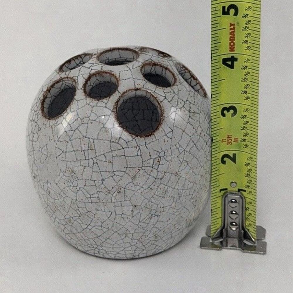 Signed Studio Pottery Crackle Glaze Flower Frog Gray Spherical Ikebana - Picture 4 of 5